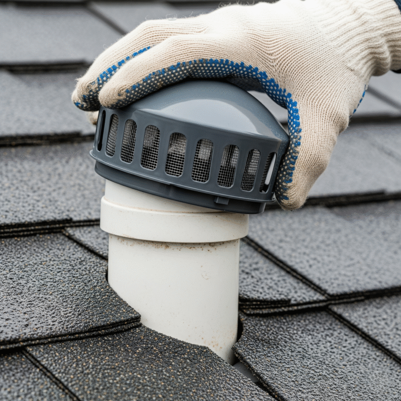 A close-up photo of a plumbing vent cap being installed on top of a vent pipe.