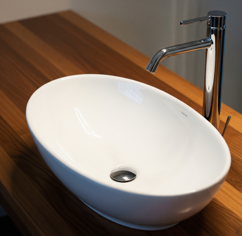 A stylish photo of a vessel sink with a complementary faucet.