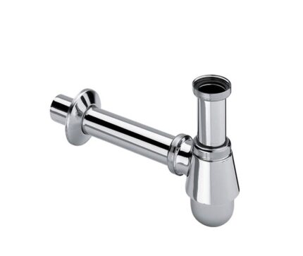 A polished chrome-plated bottle trap, designed for a basin, with a horizontal pipe extending to the left and a vertical entry pipe on the right.