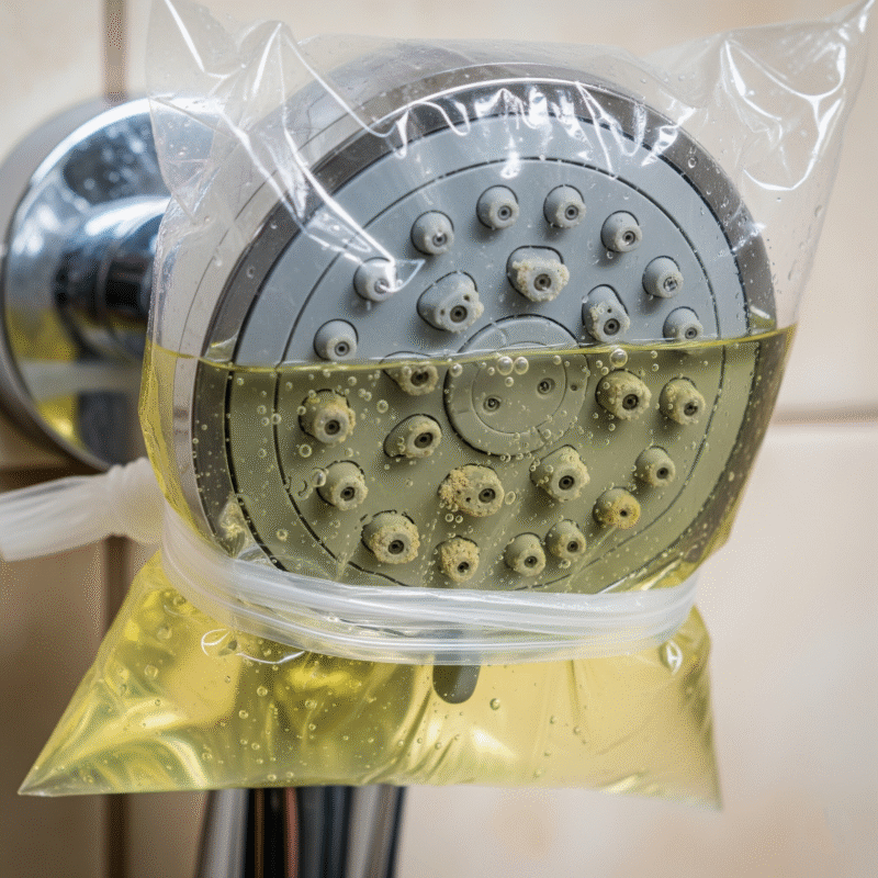 A photo showing a plastic bag filled with vinegar tied around a showerhead.