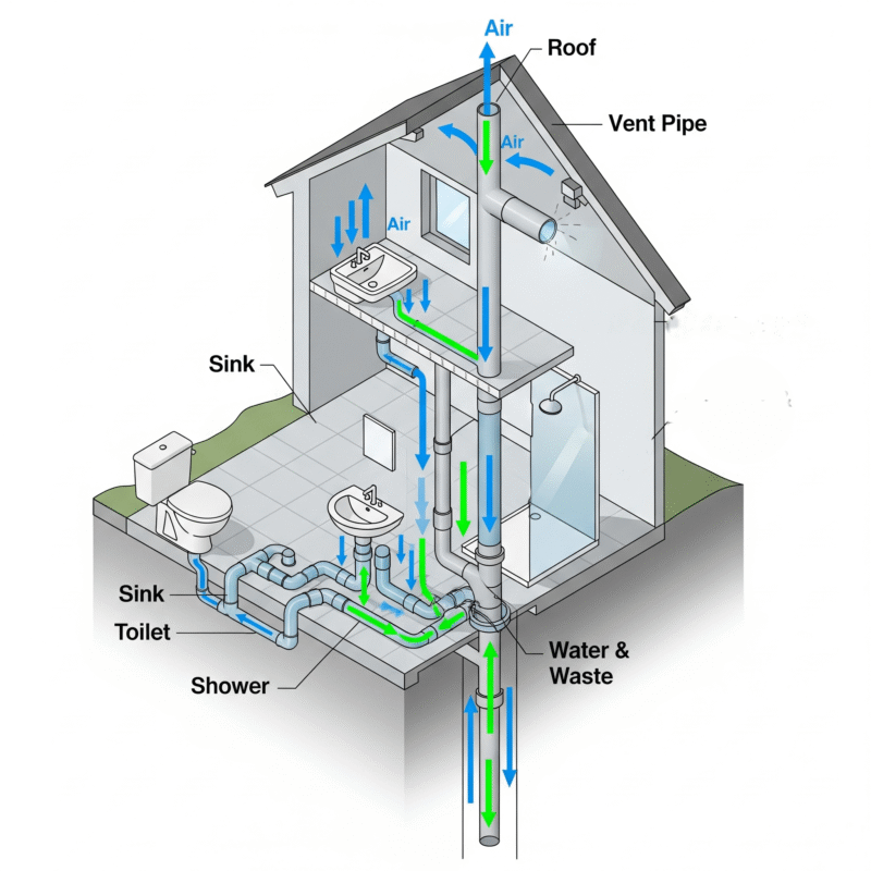 A diagram of a house's plumbing system showing the network of drain pipes and a vent pipe extending up through the roof.