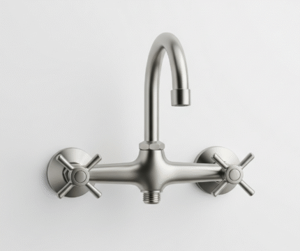 A simple, double-handle, wall-mounted kitchen faucet made of brushed stainless steel. It has a central gooseneck spout and two separate cross-shaped handles for controlling hot and cold water.