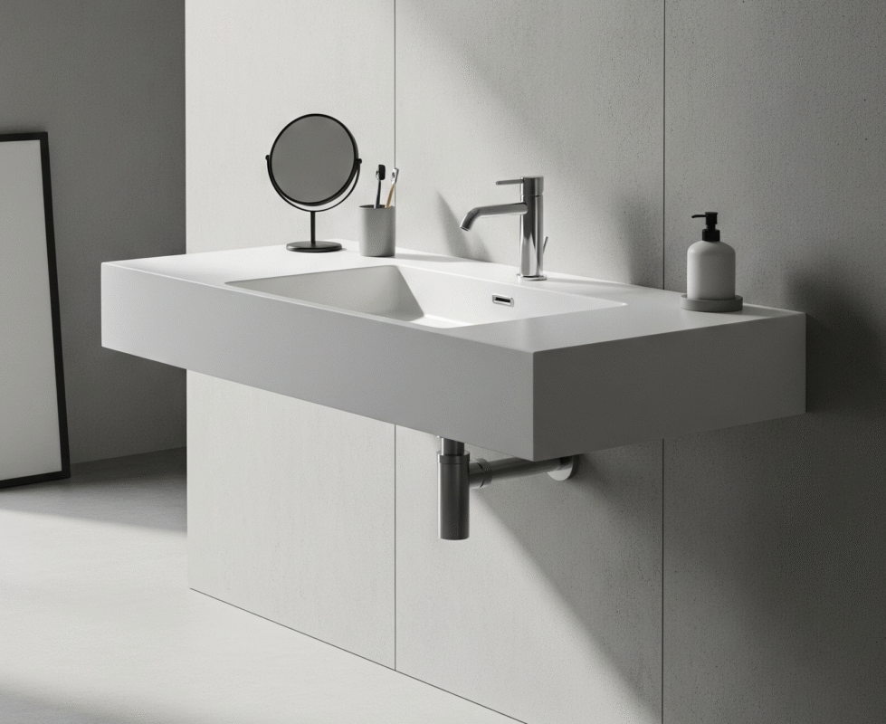 An image of a wall-mount sink in a minimalist bathroom.