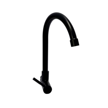 A modern, wall-mounted faucet with a matte black finish. It features a high-arc, gooseneck spout and a sleek, single lever handle at the base.