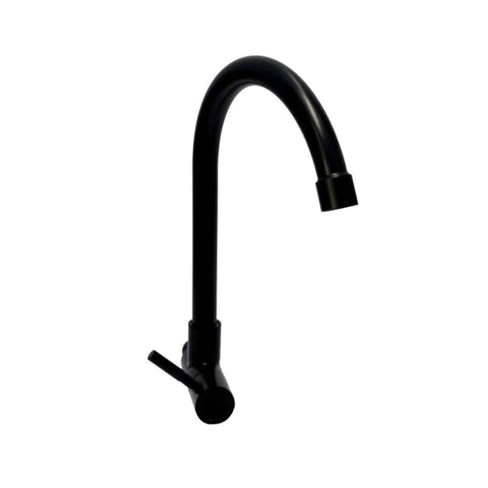 A modern, wall-mounted faucet with a matte black finish. It features a high-arc, gooseneck spout and a sleek, single lever handle at the base.