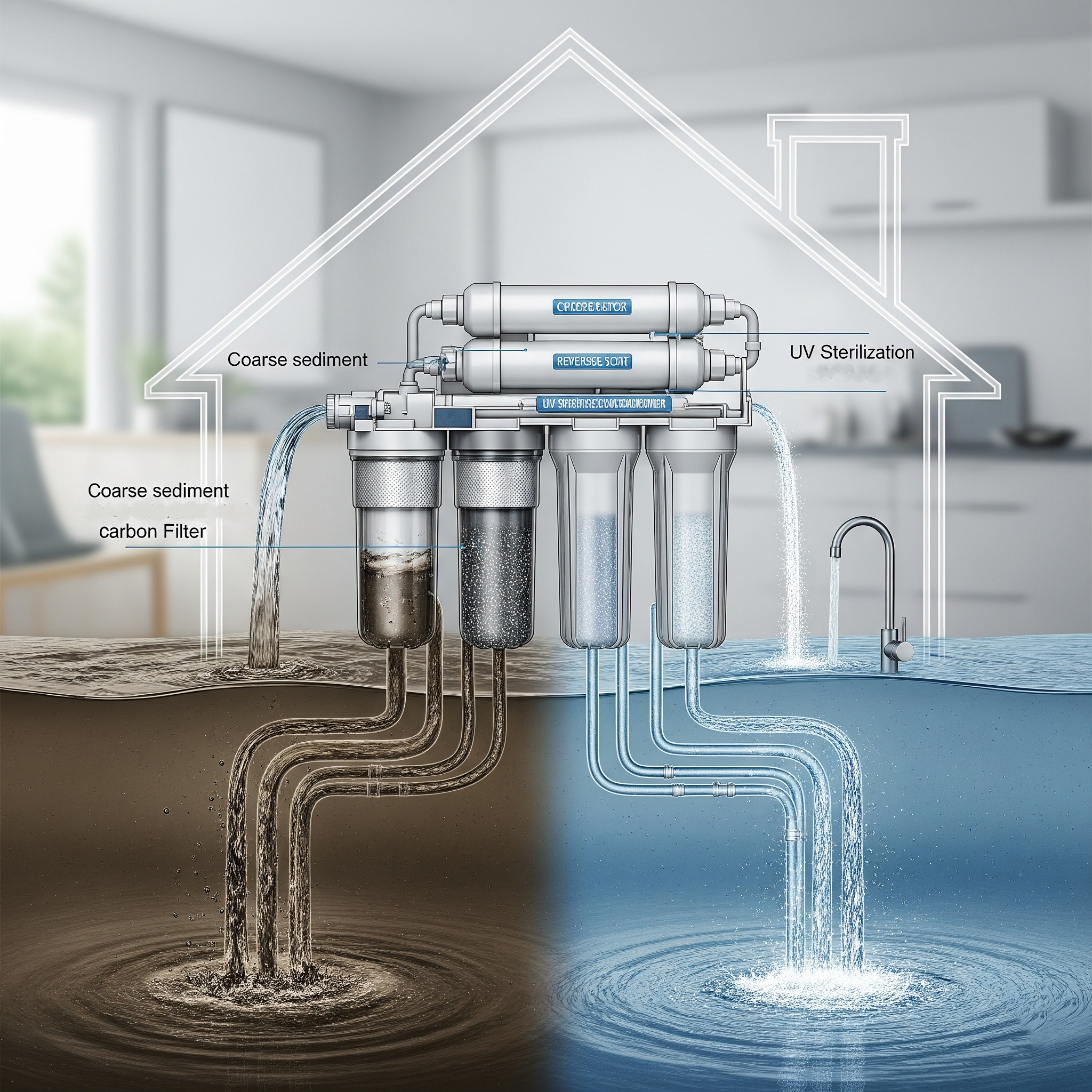 A diagram showing a multi-stage water filtration system inside a home, with dirty brown water flowing in on the left and clean, sparkling blue water flowing out on the right. The system is shown in a transparent cross-section, with different filtration stages labeled.