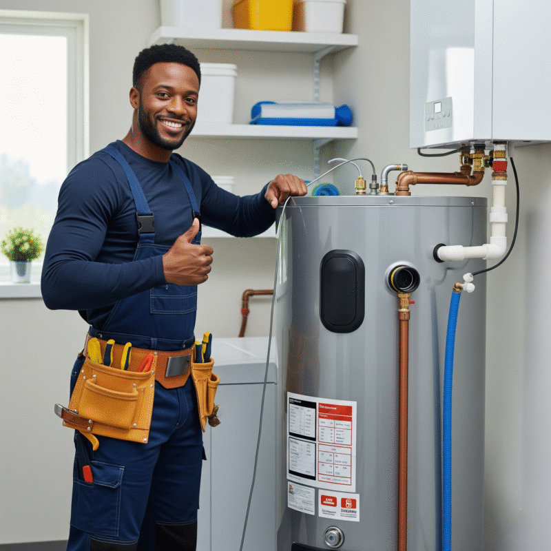 A person wearing a tool belt, giving a thumbs-up next to their newly maintained or installed water heater, with the background showing a clean, well-lit utility room.