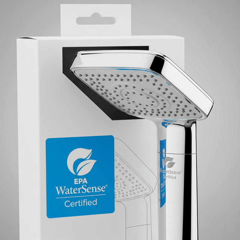 A showerhead with the WaterSense label clearly visible.