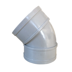 A gray plastic waste bend 45° on a black background. This plumbing fitting is a pipe elbow that creates a 45-degree angle to change the direction of a waste pipe.