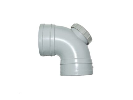 A light gray plastic waste inspection bend on a white background. This plumbing fitting is a pipe elbow that creates a 45-degree angle, with a removable screw-on cap on the outer curve to provide access for inspecting or clearing blockages.