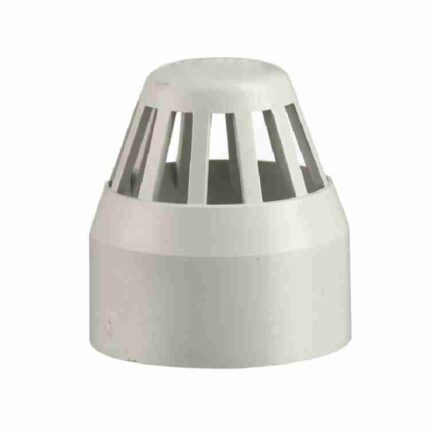 A white plastic waste vent cup on a white background. This dome-shaped cap has vertical slits around the top and is designed to fit onto the end of a vent pipe, protecting it from debris while allowing air to circulate.