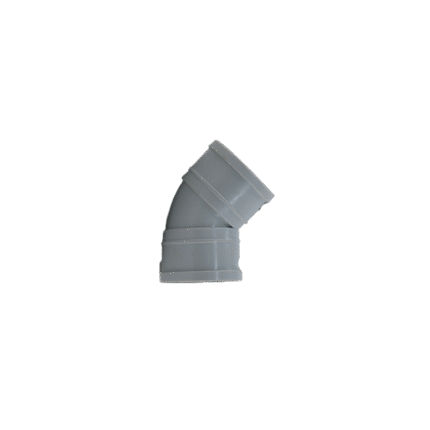 A gray plastic waste bend 45° on a black background. This plumbing fitting is a pipe elbow that creates a 45-degree angle to change the direction of a waste pipe.
