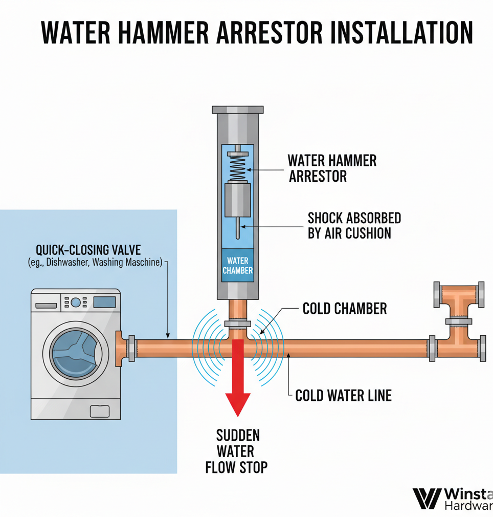 An illustration showing a pipe with a water hammer arrestor installed. 