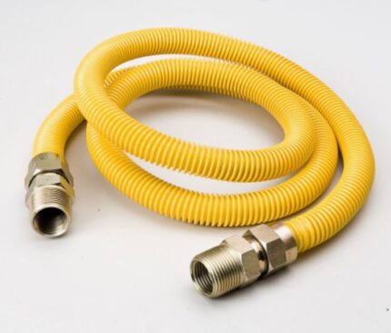 A close-up product photo of a flexible yellow tube with corrugated ridges and threaded metal fittings on each end, laid out against a white background.