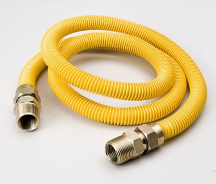 A close-up product photo of a flexible yellow tube with corrugated ridges and threaded metal fittings on each end, laid out against a white background.