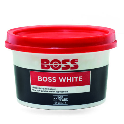 A photo of a small white plastic tub of boss white pipe joint compound.