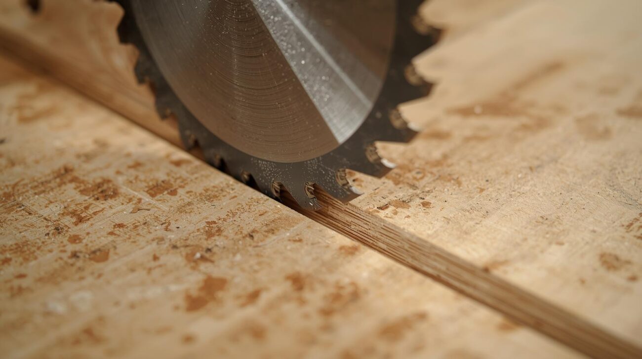 A close-up of a circular saw blade cutting a clean line in a piece of plywood.