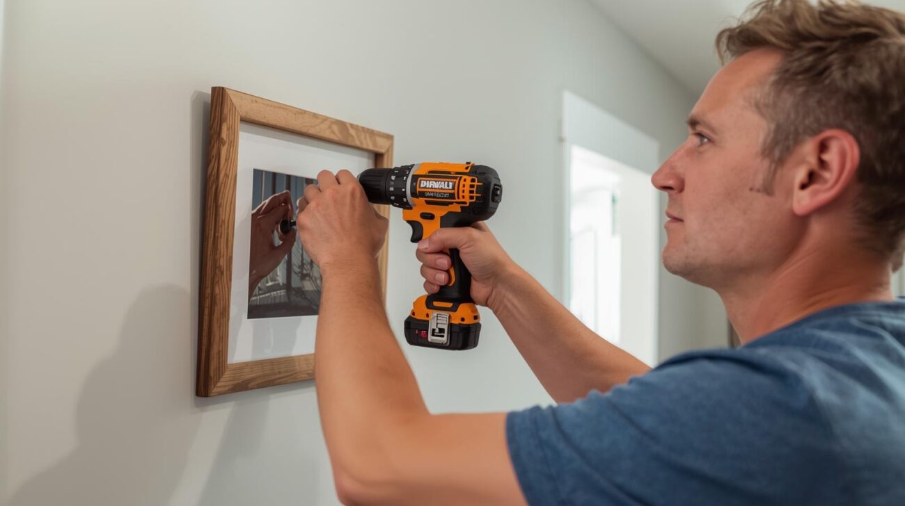 A homeowner using a cordless drill to hang a picture on a wall.