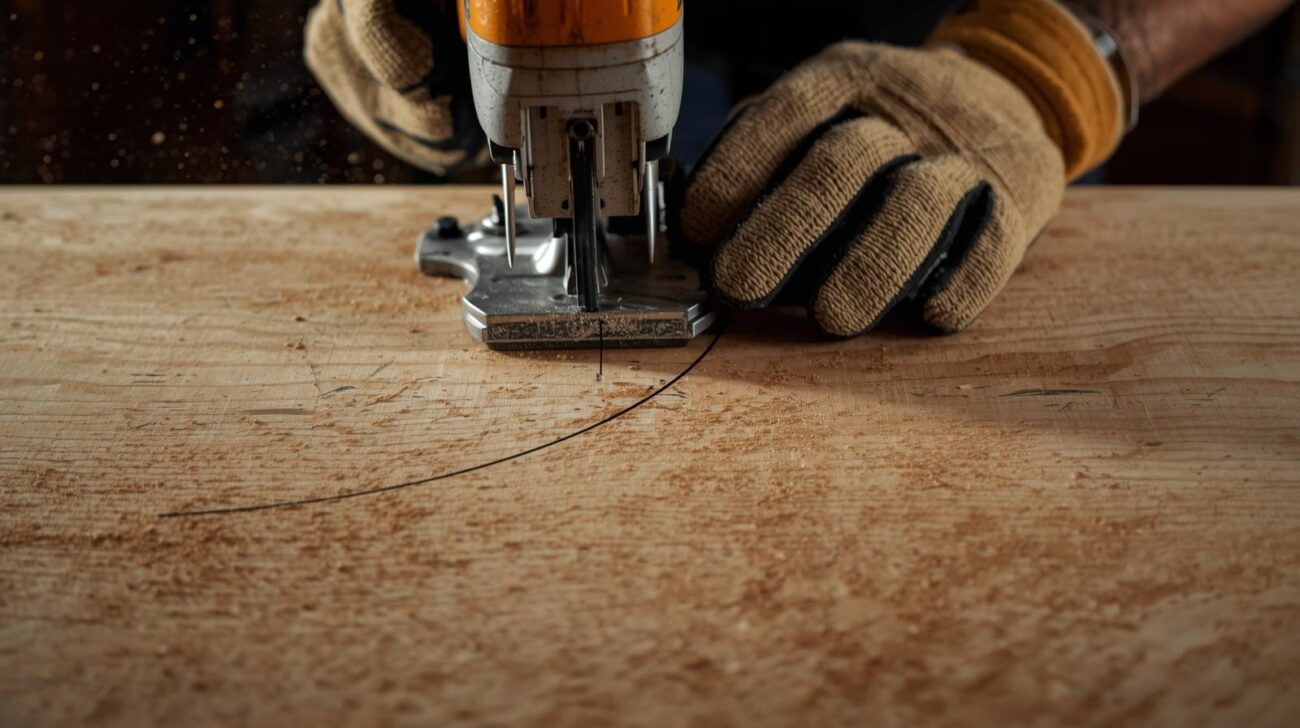 A user carefully guiding a jigsaw to cut a curved shape from a piece of wood.
