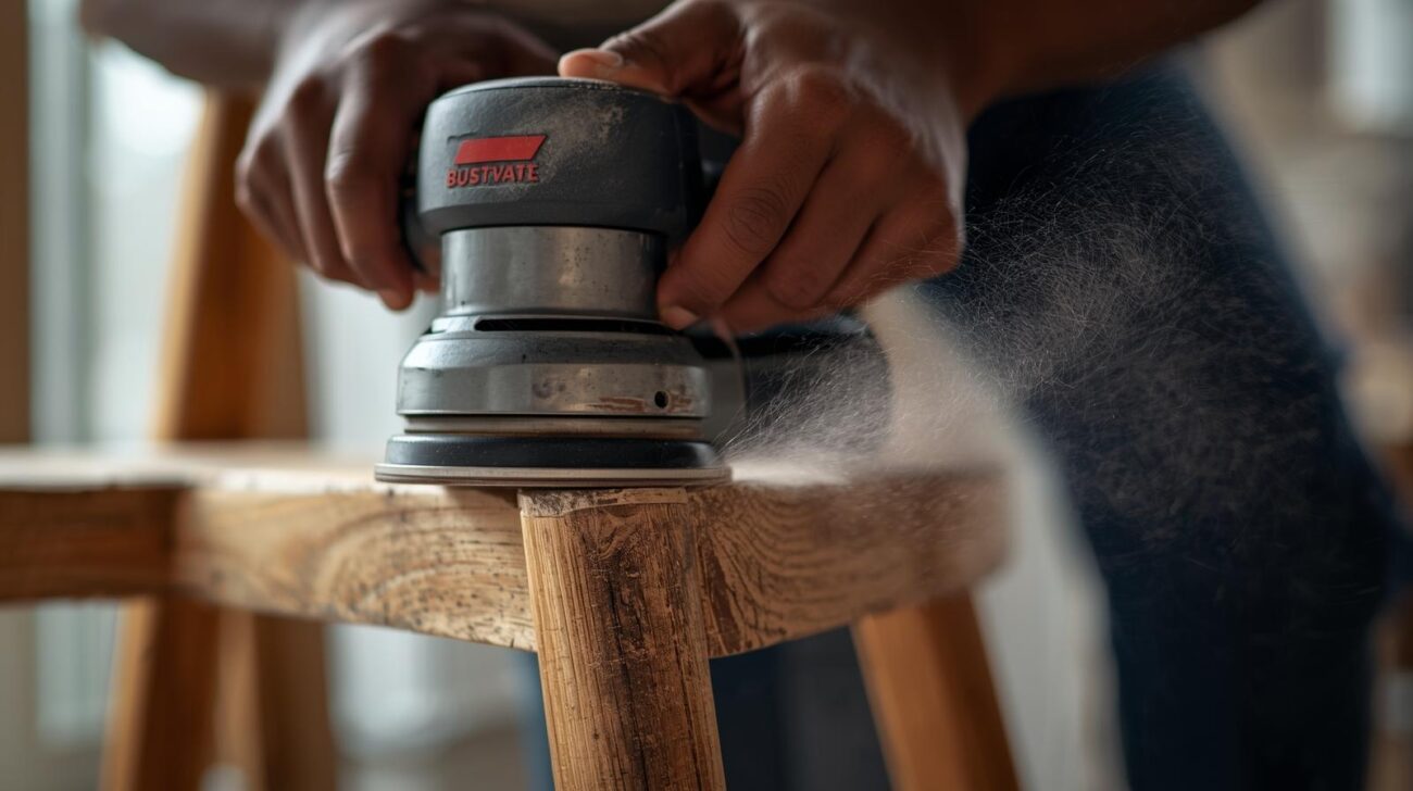 A homeowner using a random orbital sander on an old wooden chair leg