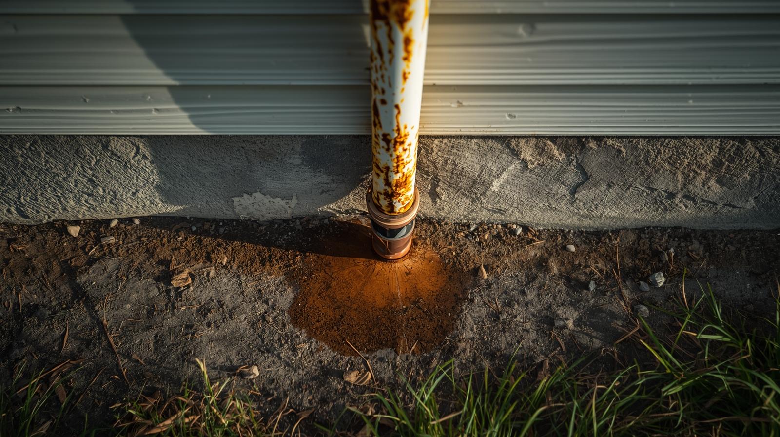 A section of exposed pipes showing signs of corrosion and a small, steady drip of water forming a rust-colored stain on the foundation below.