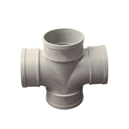 A light gray plastic waste cross tee on a white background. This plumbing fitting is shaped like a cross with a central inlet and three outlets, used to join four pipes together at 90-degree angles.