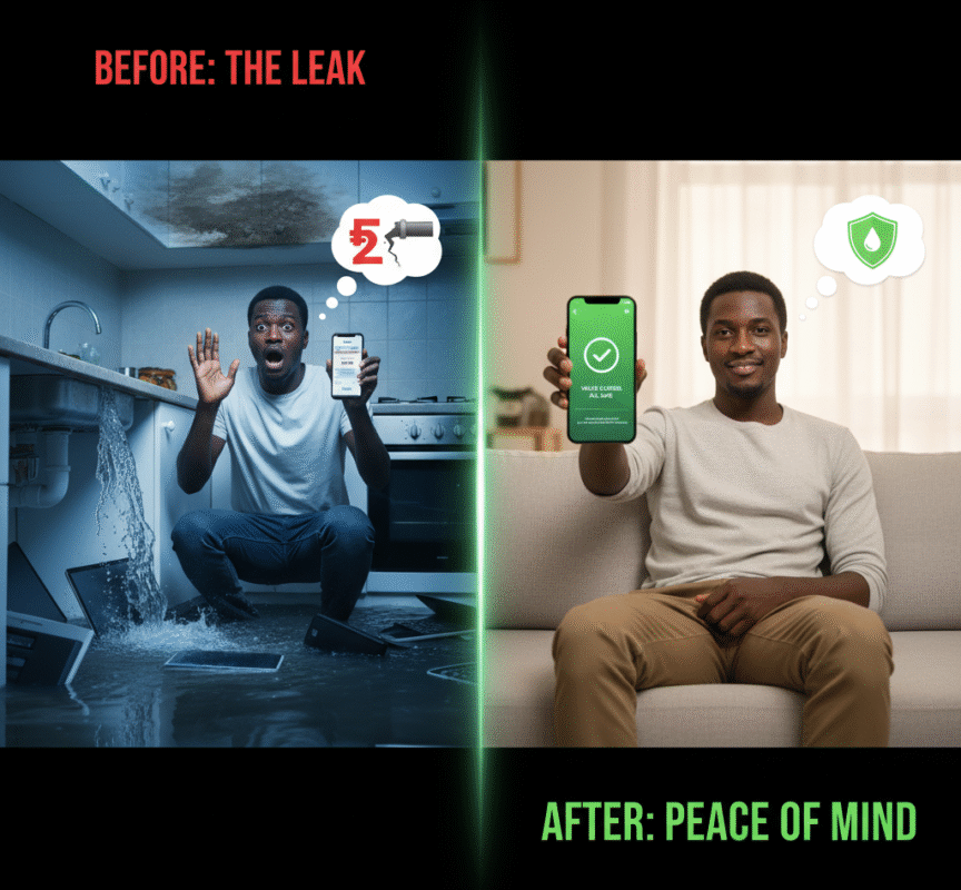 A "Before & After" image of a person panicking with a small flood scene and a serene image of a person checking a smartphone app with a green checkmark.