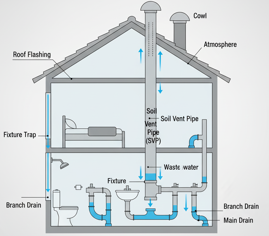 A cutaway of a house showing a toilet, sink, and shower connected to a vertical "Soil Vent Pipe" (SVP)