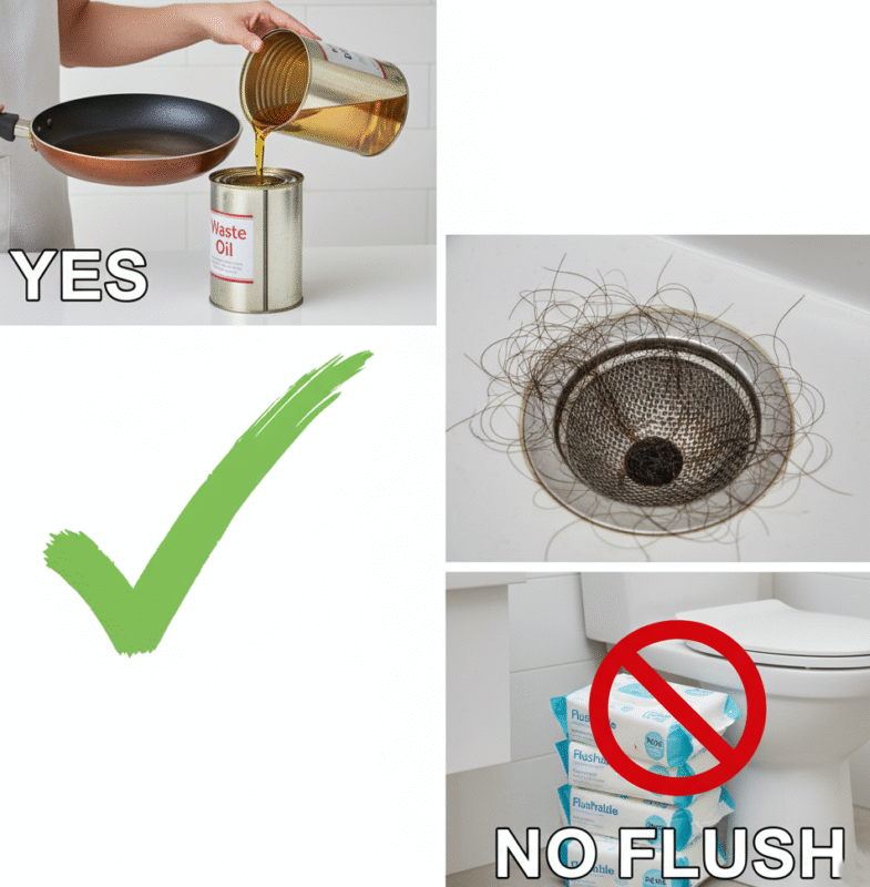 A visual guide illustrating good drain habits: properly disposing of cooking oil, using drain strainers for hair, and avoiding 'flushable' wipes