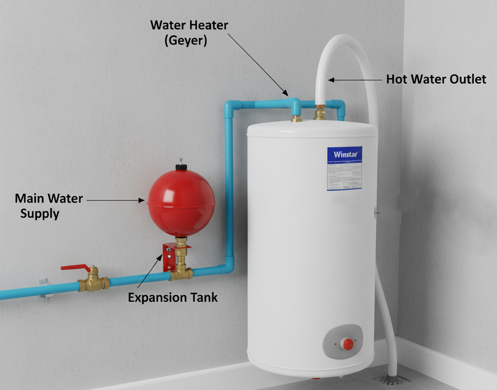 An image showing a water heater with an expansion tank installed on the cold water line