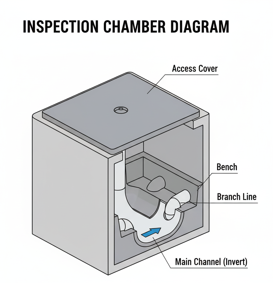 An inspection chamber, showing how branch lines connect, the main channel (invert), and the access cover