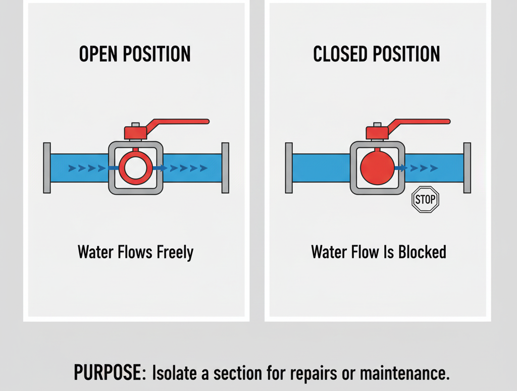 An in-line isolation valve on a pipe, showing its "open" and "closed" positions