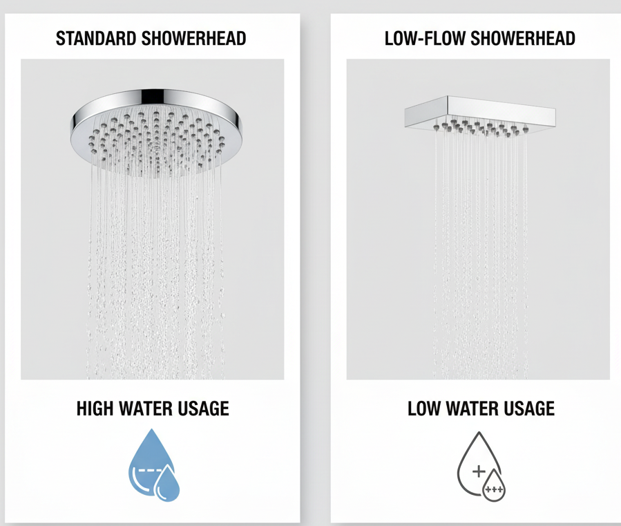 A standard showerhead VS a low-flow showerhead