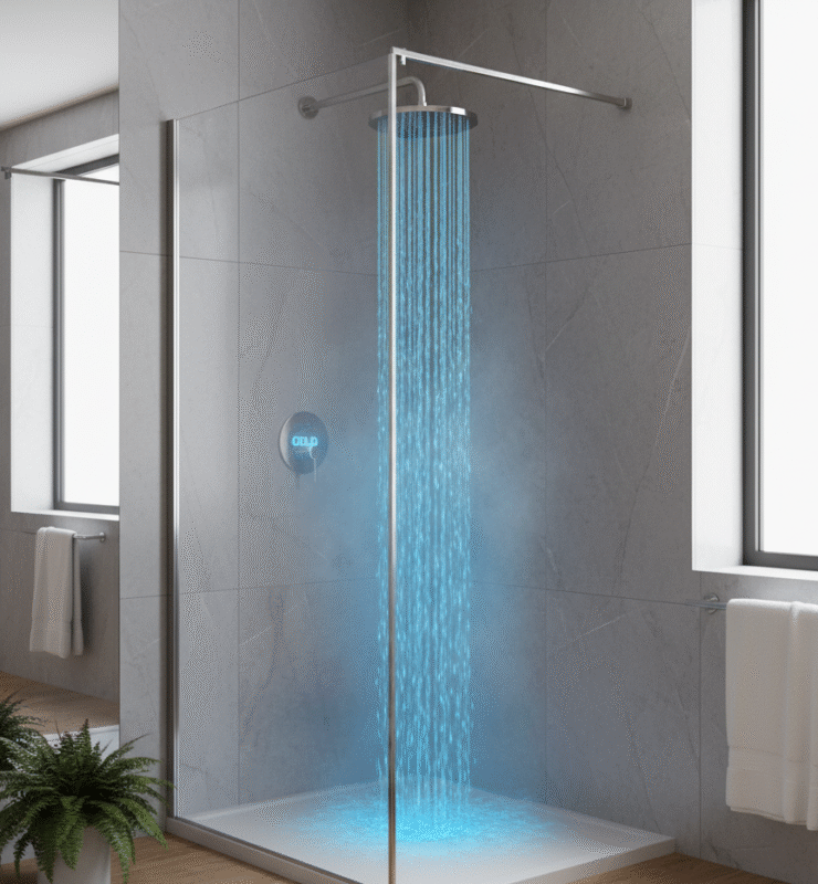 A modern bathroom with a walk-in shower. Blue, cold water streams from the showerhead onto the shower floor