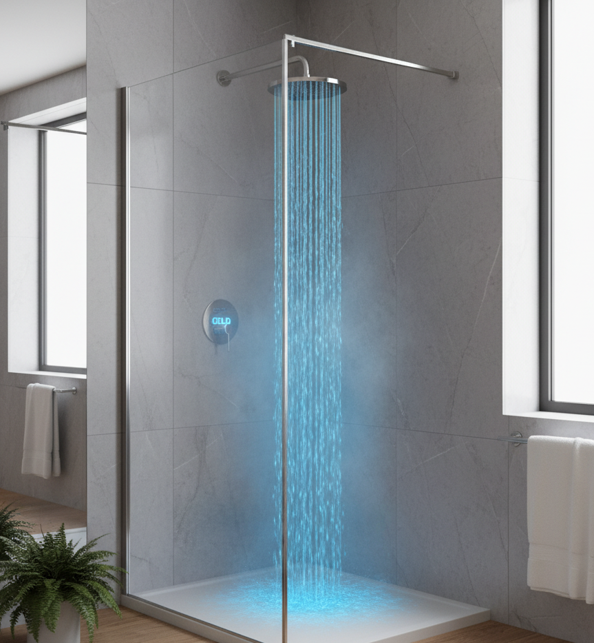 A modern bathroom with a walk-in shower. Blue, cold water streams from the showerhead onto the shower floor