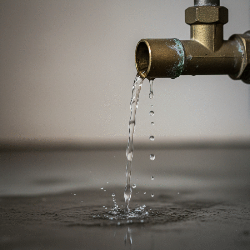 A photograph focusing on the end of the PRV discharge pipe, showing water actively dripping or running