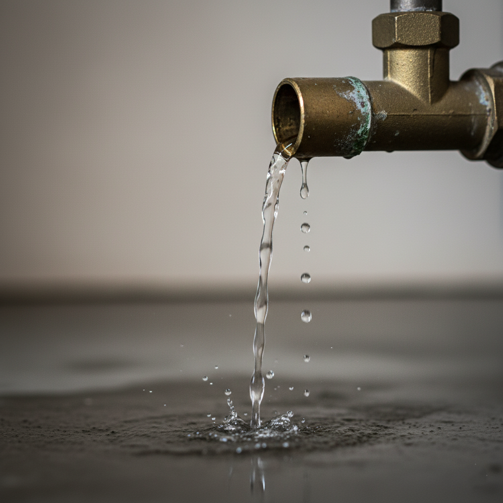 A photograph focusing on the end of the PRV discharge pipe, showing water actively dripping or running