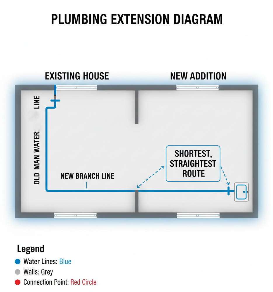 A simple floor plan diagram showing the "Old Main Supply Line" and "New Branch Line" connection point