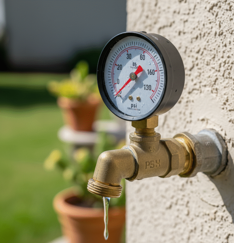 A photograph showing a pressure gauge connected to a tap outside a house