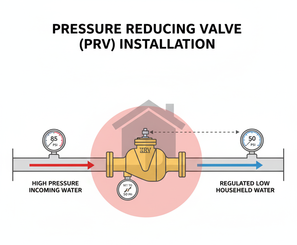 A diagram illustrating a Pressure Reducing Valve (PRV) installed on a main water line to regulate household water pressure and prevent damage
