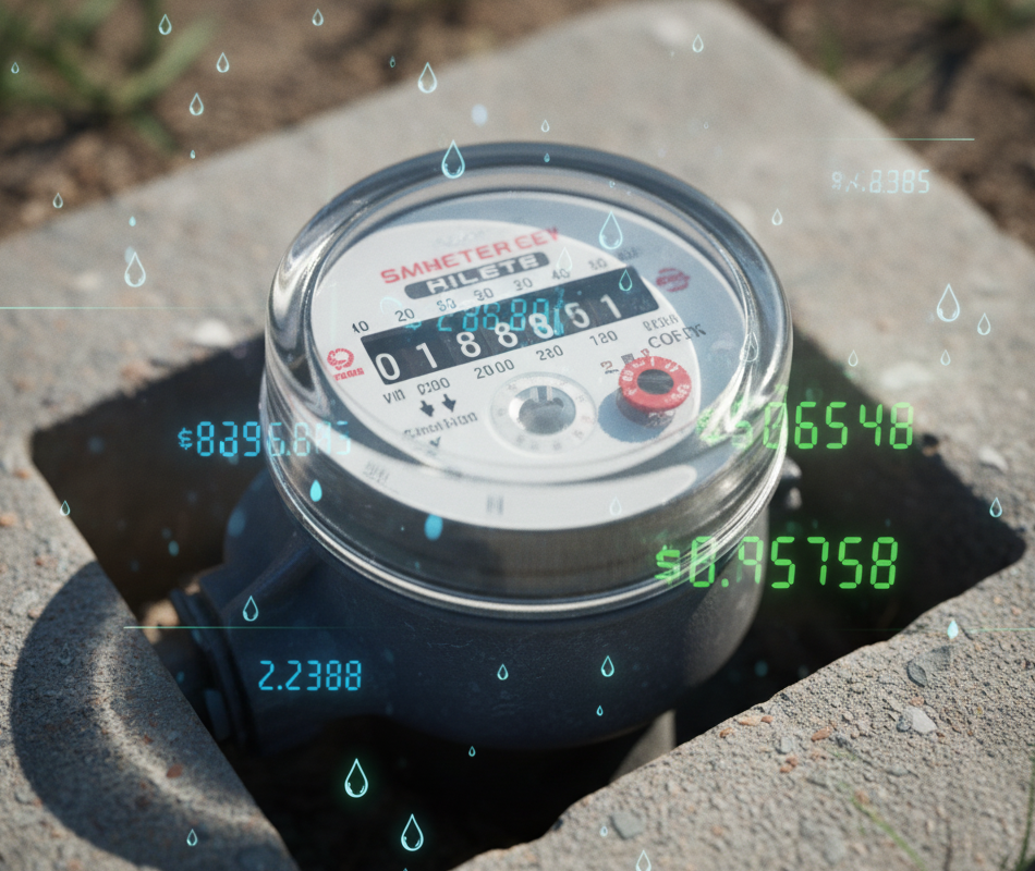 A water meter dial spinning rapidly, illustrating the financial cost of a continuous water leak from a cistern