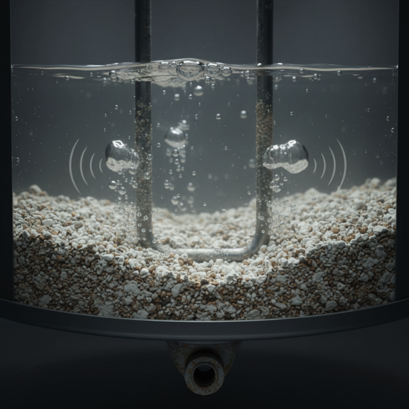 An image of the bottom of a geyser tank showing a thick, white/brown layer of sediment accumulation