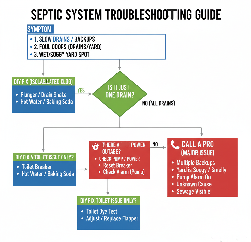 A troubleshooting flowchart for septic system issues, guiding homeowners on whether a problem requires a DIY fix or professional plumbing intervention