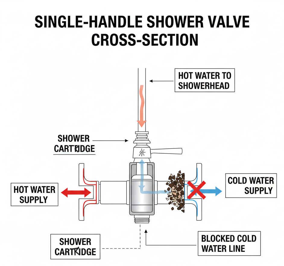 Cross-section of a single-handle shower valve showing the cartridge location, often the cause of a shower only hot water issue due to cold water blockage