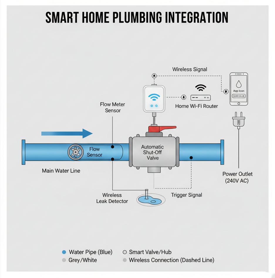A simple cross-section diagram of a main water line showing the flow meter, the valve, and the connection to the home's router
