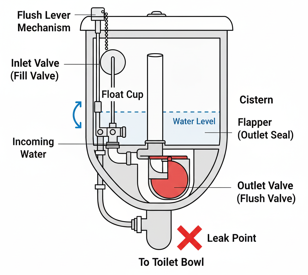 A labelled diagram illustrating the internal components of a toilet cistern