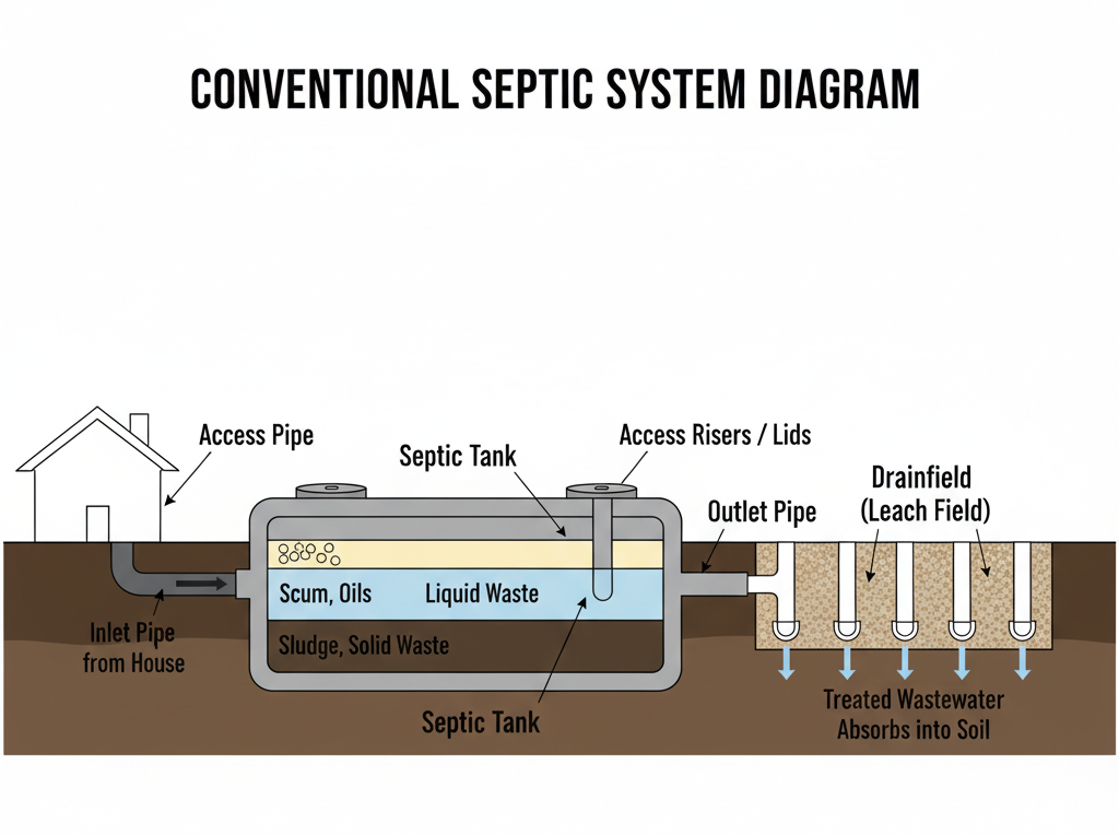 A labelled diagram illustrating the components of a conventional septic system, including the septic tank with its layers, the drainfield, and connecting pipes.