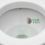 a close-up shot of a toilet bowl interior with a faint trickle of water and an overlay illustrating the financial cost of a leak