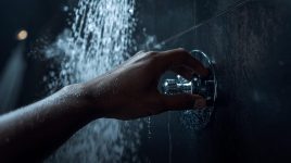 A shower with excessively hot water cascading from the showerhead