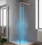 A modern bathroom with a walk-in shower. Blue, cold water streams from the showerhead onto the shower floor